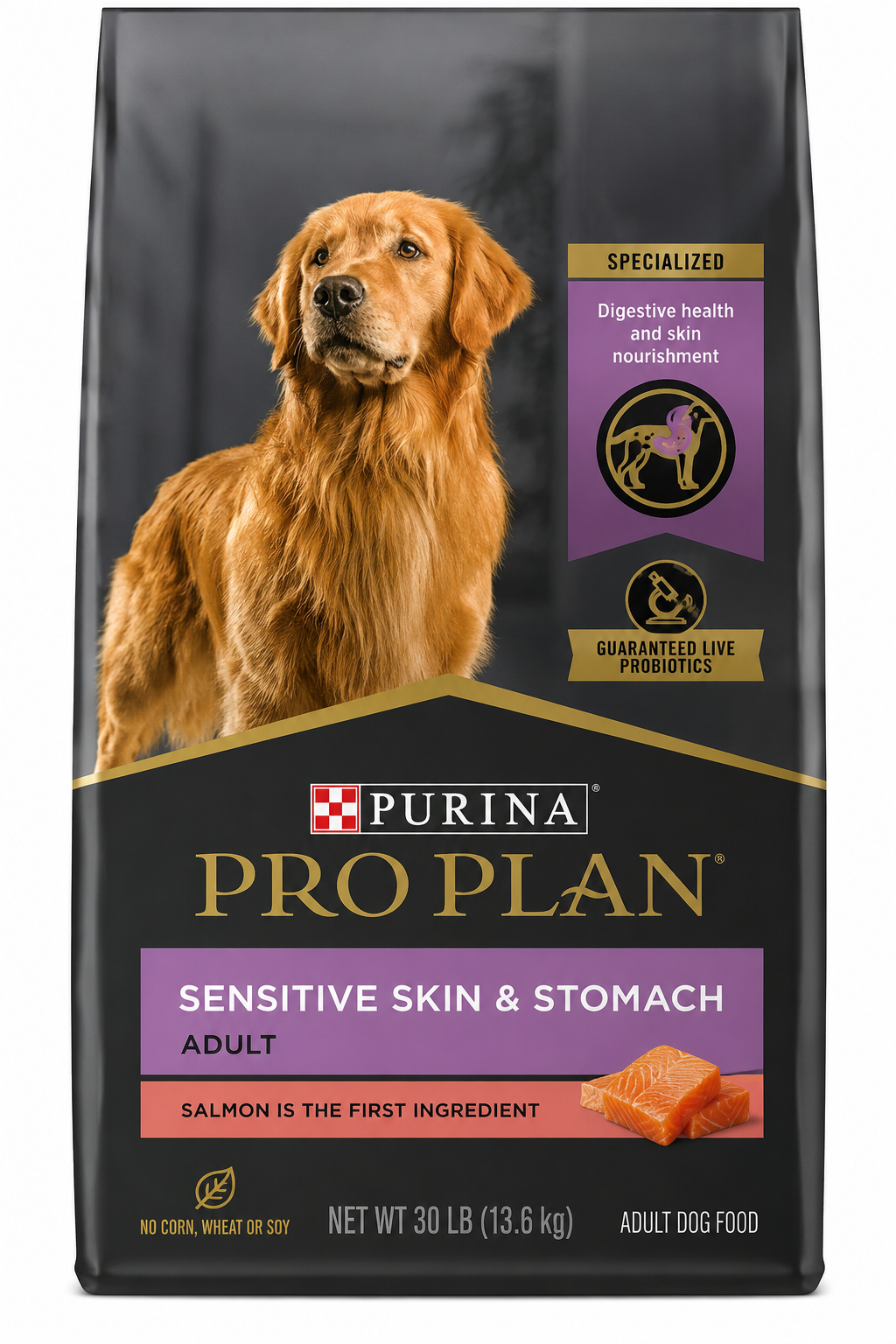 A packet showing Purina dog food.